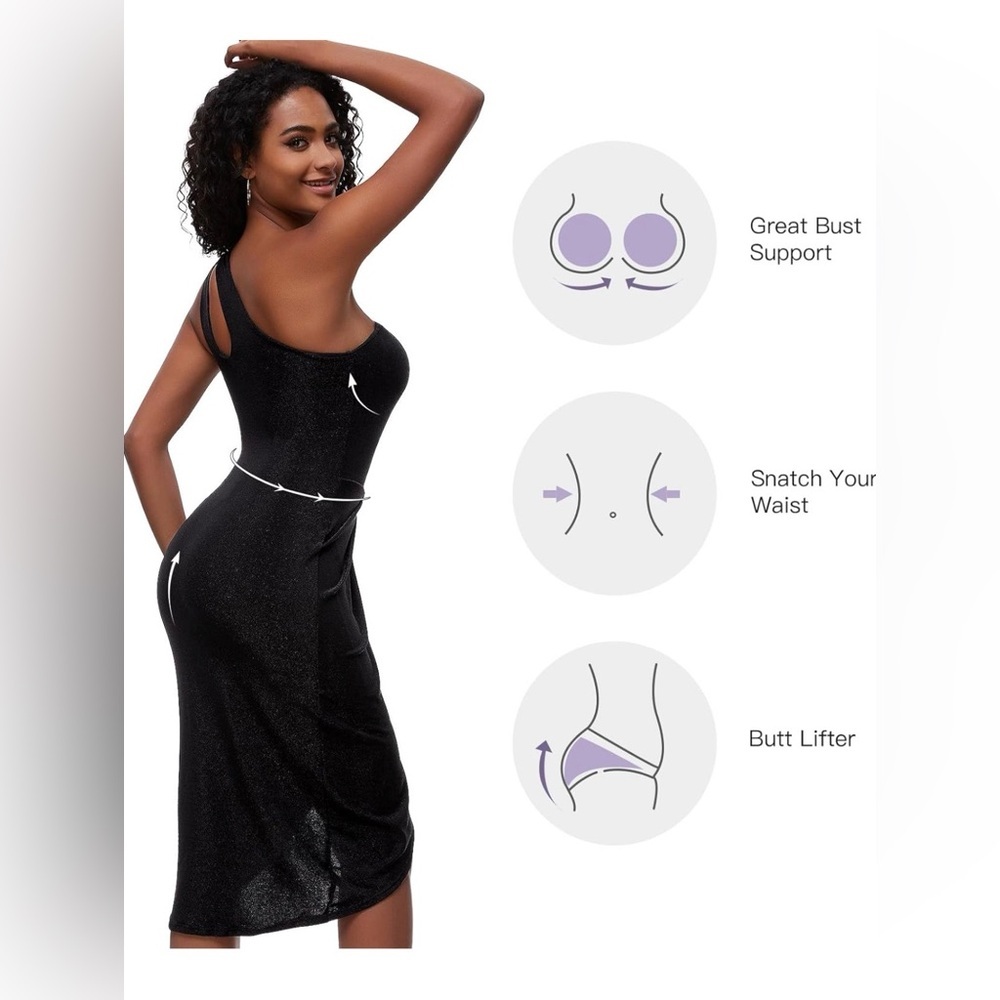 NWT Black Shapewear Dress One Shoulder Bodycon Built In Shaper Tummy Control - Picture 3 of 14